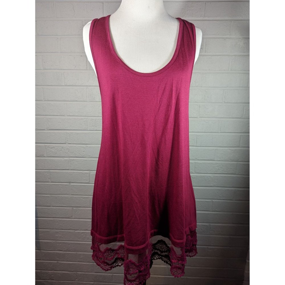 Emerald Lace Trim Burgundy Tan Boho Sleeveless Top Size M